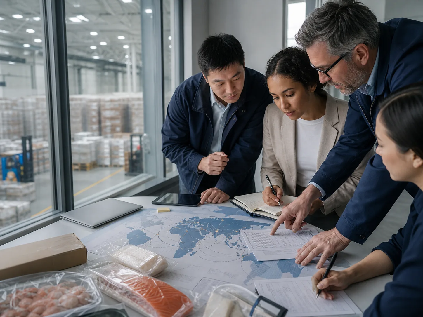International food supply-chain team reviewing routes and shipping requirements