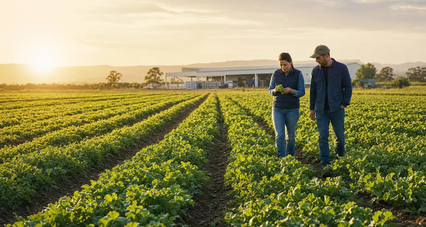 Agronomist and grower examining crops beside a modern packing facility