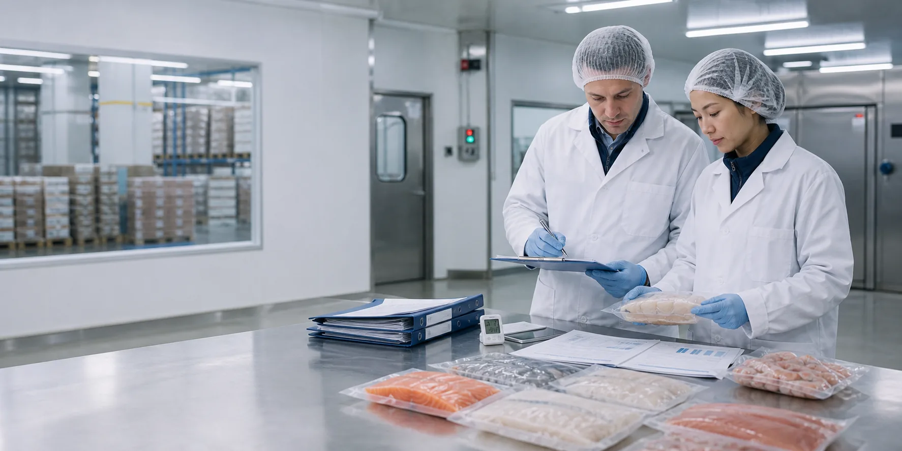 Quality professionals inspecting packaged food samples in a refrigerated facility
